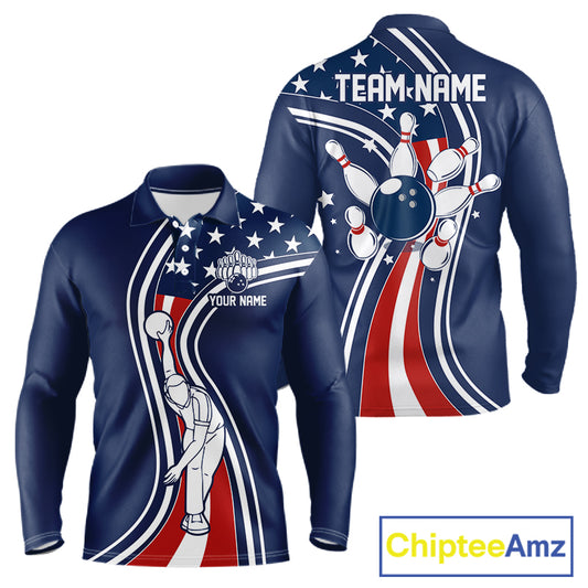 Retro bowling Polo, 1/4 Zip shirts for Men Custom American flag patriotic team bowling jerseys | Navy NQS11430