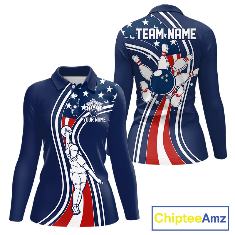 Retro bowling Polo, 1/4 Zip shirt for Women Custom American flag patriotic team bowling jersey | Navy NQS11430