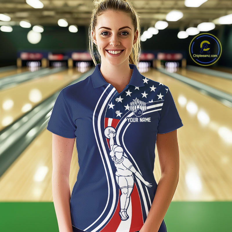 Retro bowling Polo, 1/4 Zip shirt for Women Custom American flag patriotic team bowling jersey | Navy NQS11430