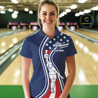 Retro bowling Polo, 1/4 Zip shirt for Women Custom American flag patriotic team bowling jersey | Navy NQS11430