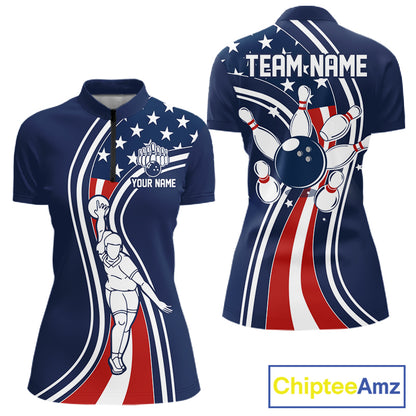 Retro bowling Polo, 1/4 Zip shirt for Women Custom American flag patriotic team bowling jersey | Navy NQS11430