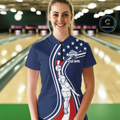 Retro bowling Polo, 1/4 Zip shirt for Women Custom American flag patriotic team bowling jersey | Navy NQS11430