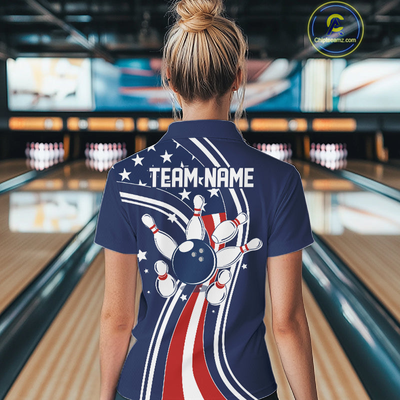 Retro bowling Polo, 1/4 Zip shirt for Women Custom American flag patriotic team bowling jersey | Navy NQS11430