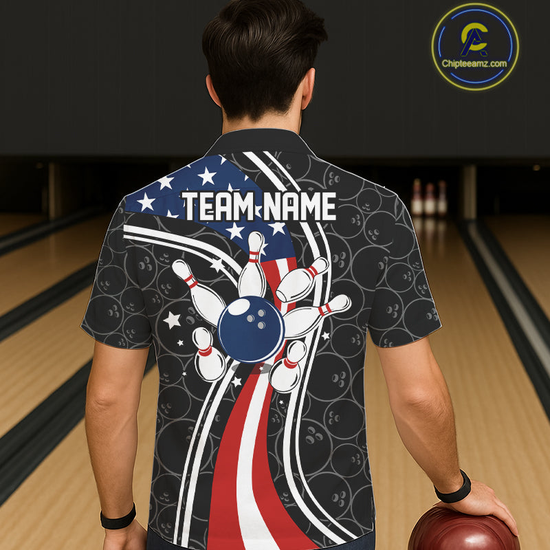 Black camo Retro bowling Hawaiian shirts Custom American flag patriotic team bowling button up jersey NQS11431