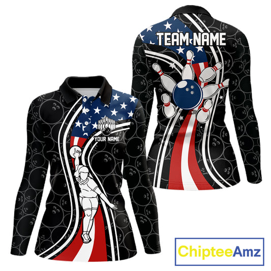 Black camo Retro bowling shirts for Women Custom American flag patriotic team bowling jerseys NQS11431