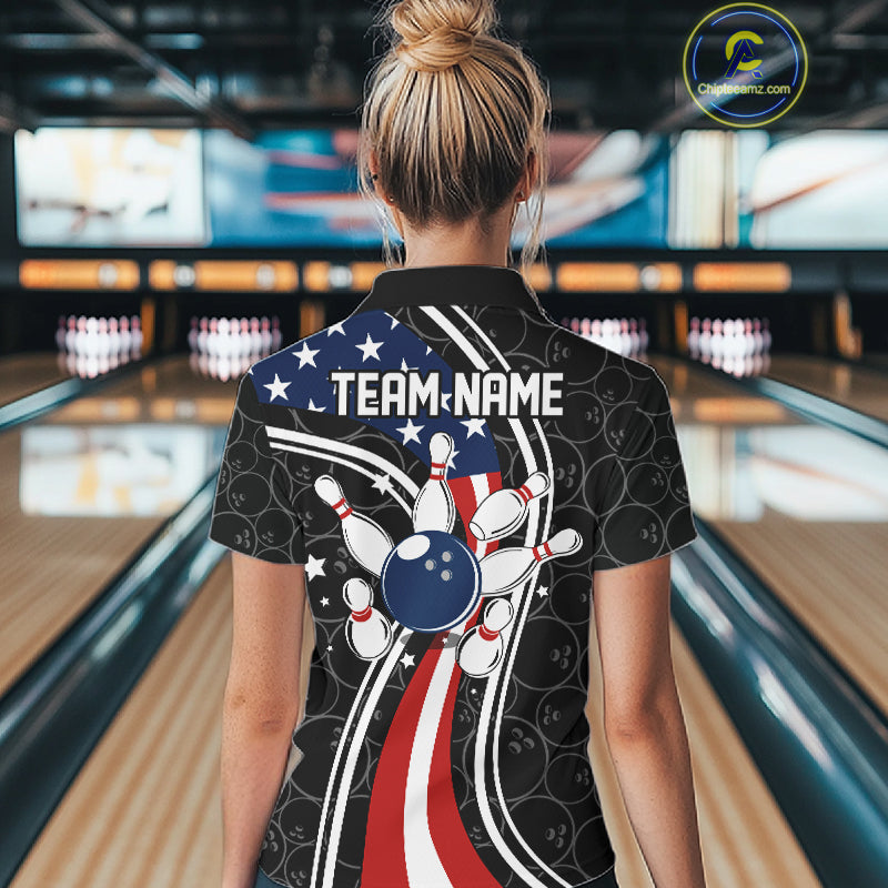 Black camo Retro bowling shirts for Women Custom American flag patriotic team bowling jerseys NQS11431