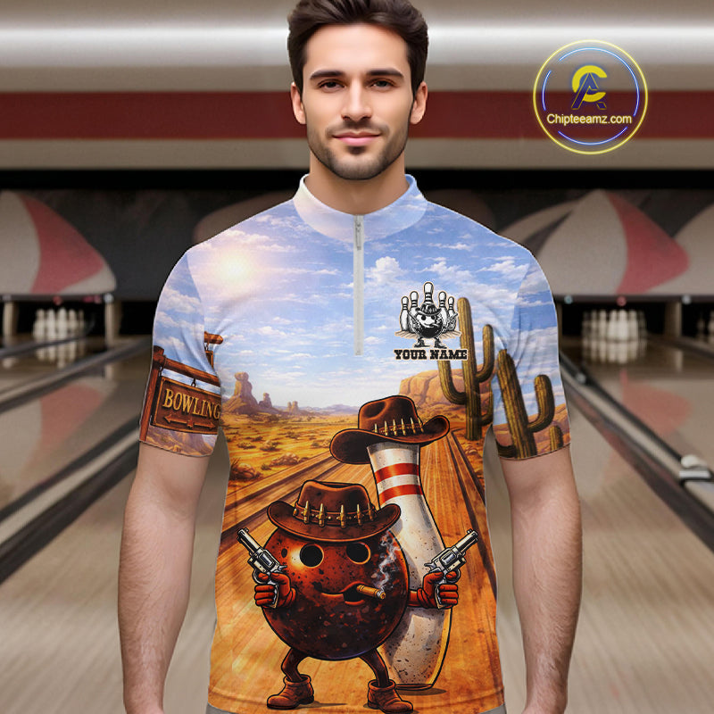 Funny desert Bowling Cowboy gun Bowling Polo, 1/4 zip shirts Custom bowling team jerseys NQS11434