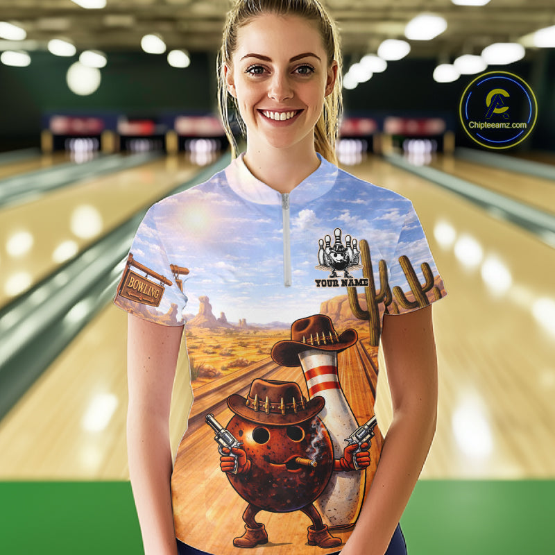 Funny desert Bowling Cowboy gun Bowling Polo, 1/4 zip shirts for Women Custom bowling team jerseys NQS11434