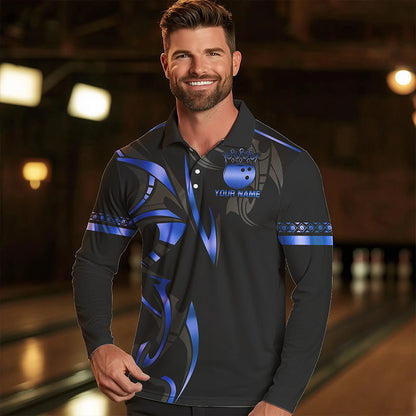 Black and Blue crown Bowling ball Polo, Quarter Zip Shirts for Men Custom Bowling Team jerseys NQS9503