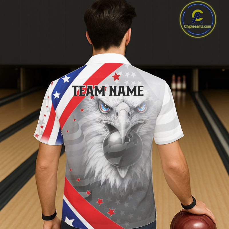 Red, White & Blue US Flag Eagle Bowling Button-up Shirt Custom Patriotic Team Hawaiian Bowling Jersey NQS11632