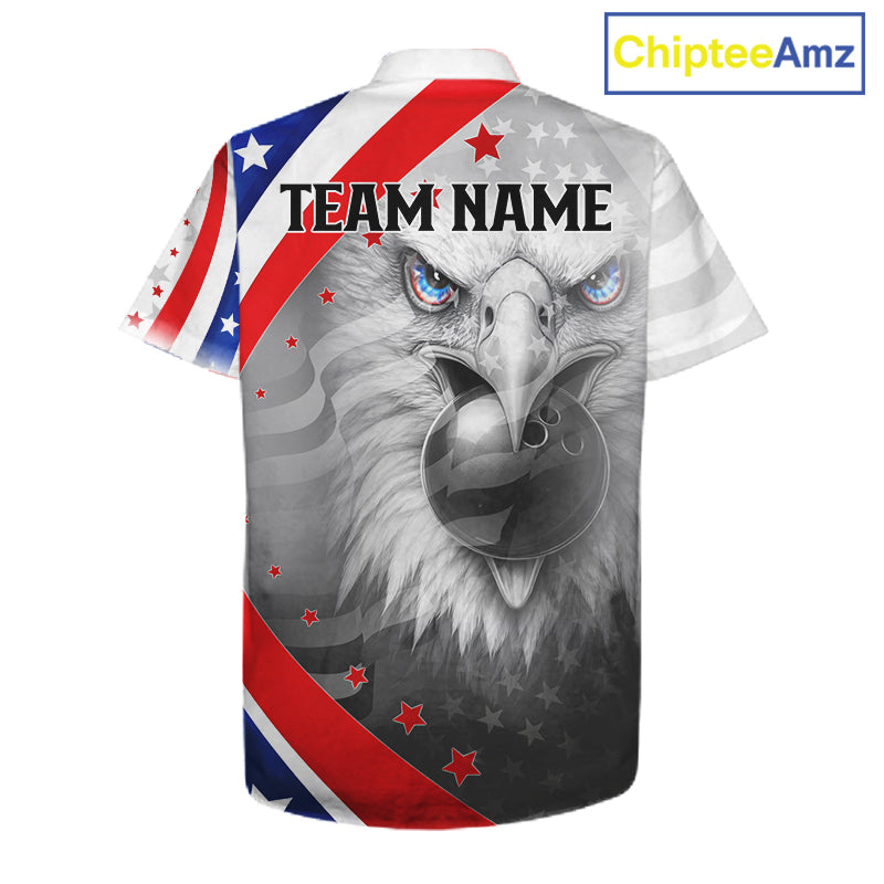Red, White & Blue US Flag Eagle Bowling Button-up Shirt Custom Patriotic Team Hawaiian Bowling Jersey NQS11632