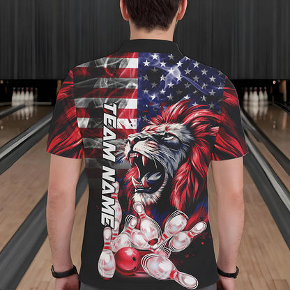 Smoke American Flag Lion Bowling Polo, 1/4 Zip Shirts for Men Custom patriotic Team Bowling jerseys NQS9670