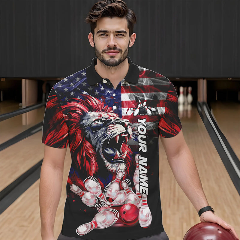 Smoke American Flag Lion Bowling Polo, 1/4 Zip Shirts for Men Custom patriotic Team Bowling jerseys NQS9670