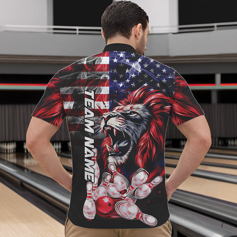 Smoke American Flag Lion Bowling Polo, 1/4 Zip Shirts for Men Custom patriotic Team Bowling jerseys NQS9670