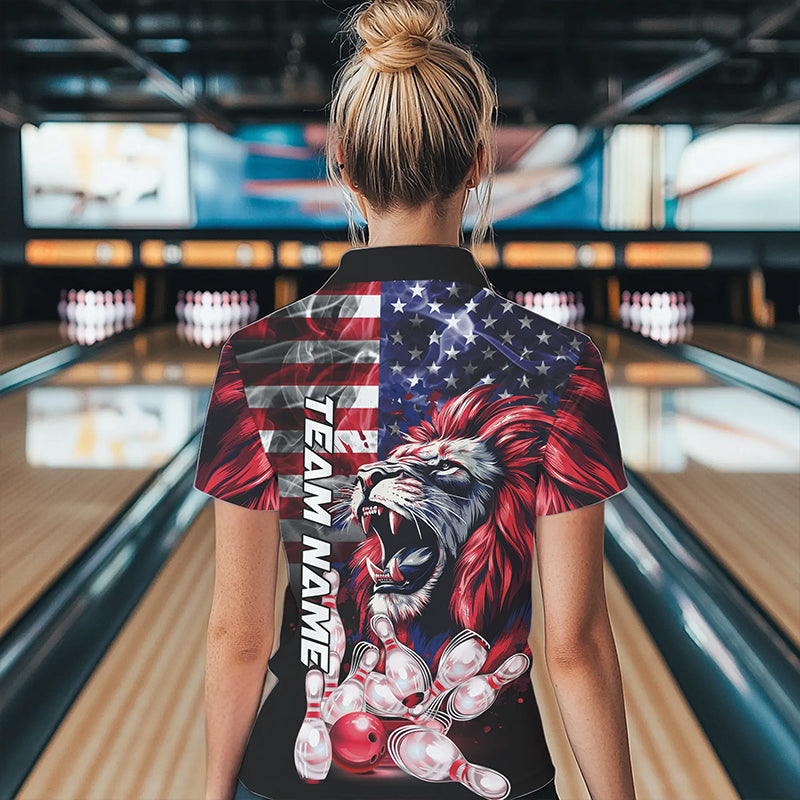 Smoke American Flag Lion Bowling Polo, 1/4 Zip Shirts for Women Custom patriotic Team Bowling jerseys NQS9670