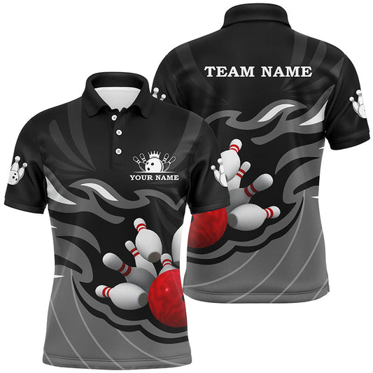 Mens polo, quarter zip bowling shirt Custom bowling ball pins team league jersey, bowling gift | Black NQS7809