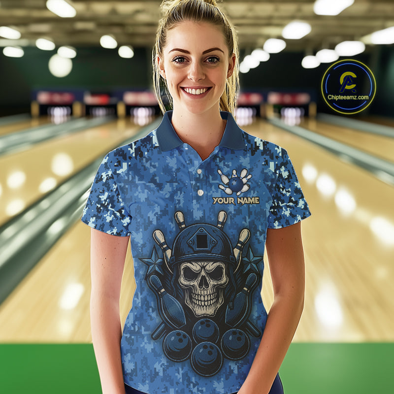Blue Camo American Flag Veteran Skull Bowling Shirts For Women Custom patriotic Bowling Team Jerseys NQS11047