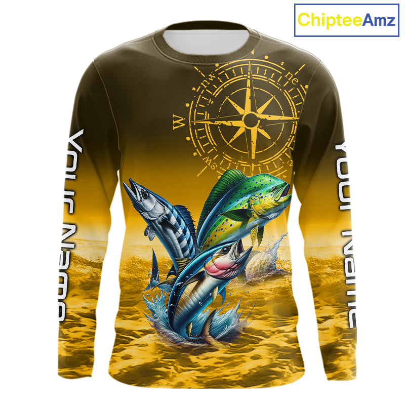 Custom Mahi Mahi, Wahoo, Tuna Yellow Performance Fishing Shirt, Compass Offshore Tournament Shirts NQS11438