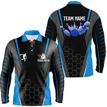 Load image into Gallery viewer, Black Men's Bowling polo Shirt Custom Name mens Bowlers Jersey, team bowling outfits | Blue NQS6133