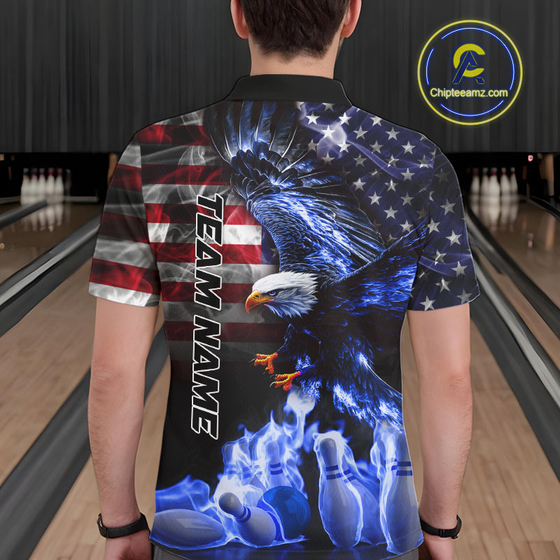 Smoke American Flag Eagle Blue Flame Bowling Shirts for Men Custom patriotic Team Bowling jerseys NQS10868