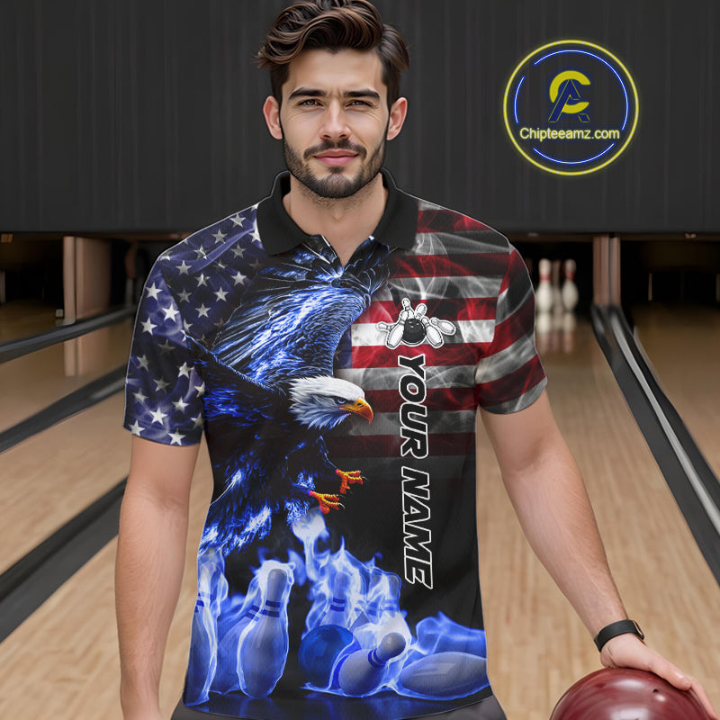 Smoke American Flag Eagle Blue Flame Bowling Shirts for Men Custom patriotic Team Bowling jerseys NQS10868