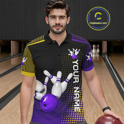 Yellow and Purple pattern Bowling shirts For Men Custom Team Bowling Jerseys, Gift For Bowler NQS11242