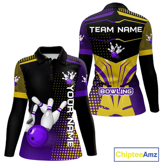Yellow and Purple pattern Bowling shirts For Women Custom Team Bowling Jerseys, Gift For Bowler NQS11242