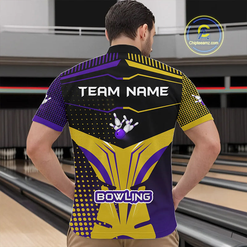 Yellow and Purple pattern Bowling shirts For Men Custom Team Bowling Jerseys, Gift For Bowler NQS11242