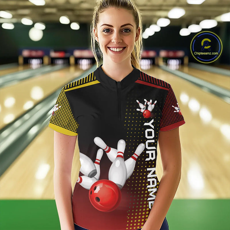 Yellow and Red pattern Bowling shirts For Women Custom Team Bowling Jerseys, Gift For Bowler NQS11243