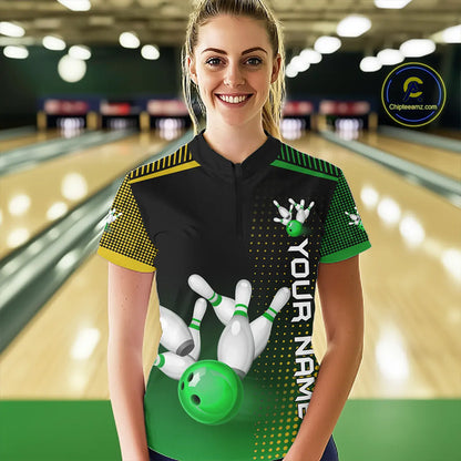 Yellow and Green pattern Bowling shirts For Women Custom Team Bowling Jerseys, Gift For Bowler NQS11244