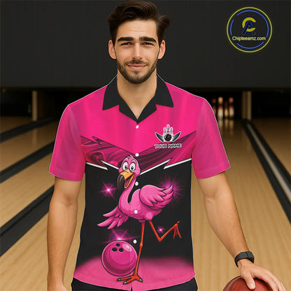 Funny Pink Flamingo Bowling Hawaiian Shirt Custom Flamingo Team bowling button up shirt NQS11248