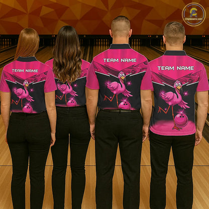 Funny Pink Flamingo Bowling Polo, 1/4 zip shirts for Women Custom Flamingo Team bowling outfit NQS11248