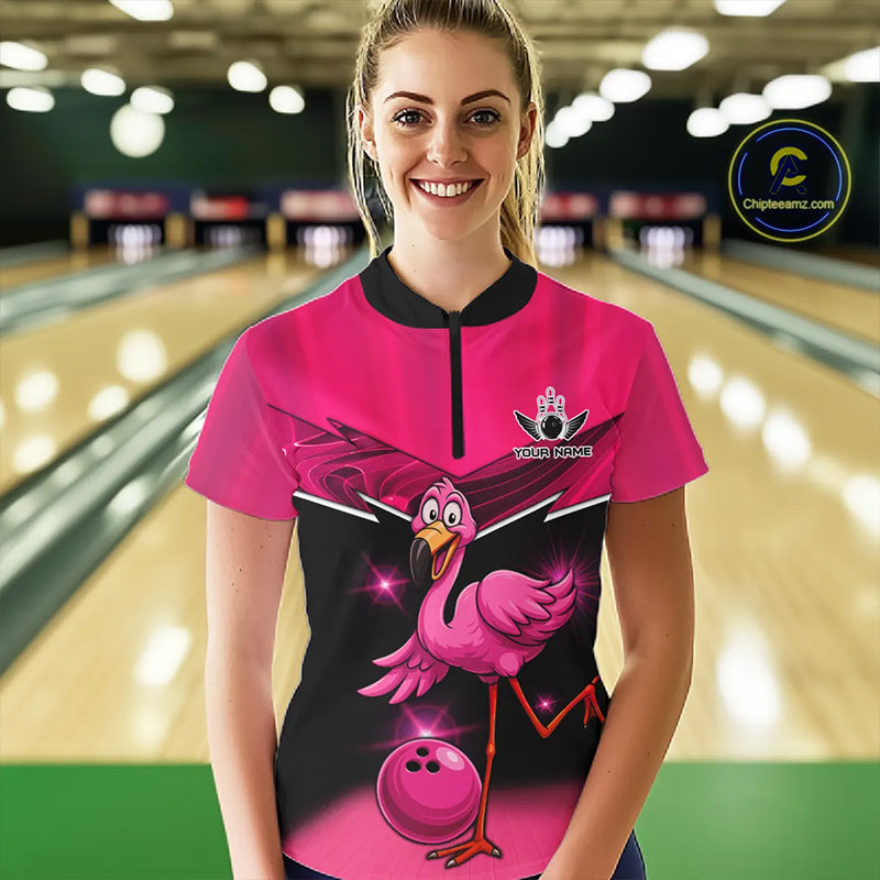 Funny Pink Flamingo Bowling Polo, 1/4 zip shirts for Women Custom Flamingo Team bowling outfit NQS11248