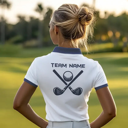 Blue and White Women golf polo shirts custom golf attire for ladies, personalized golf gifts NQS9376