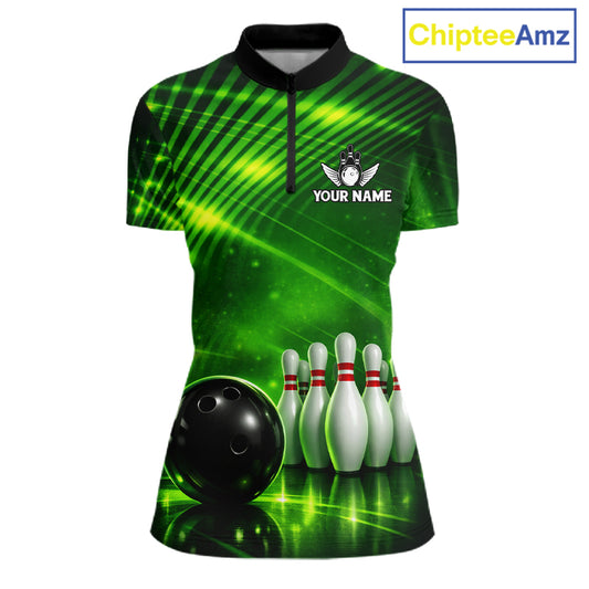 Green Light Bowling Polo, Quarter Zip Shirts For Women Custom Bowling Team Jerseys, Gift For Bowlers NQS11737