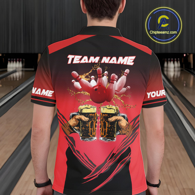 Bowling Beer Black and Red Bowling Polo, 1/4 Quarter zip shirts Custom Mens Team Bowling jerseys NQS10873