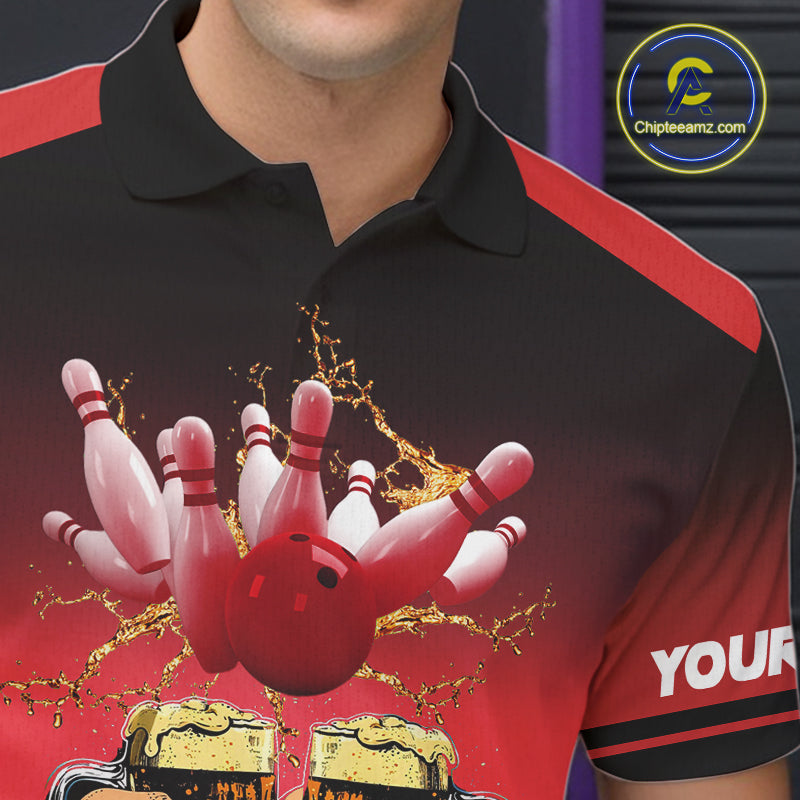 Bowling Beer Black and Red Bowling Polo, 1/4 Quarter zip shirts Custom Mens Team Bowling jerseys NQS10873