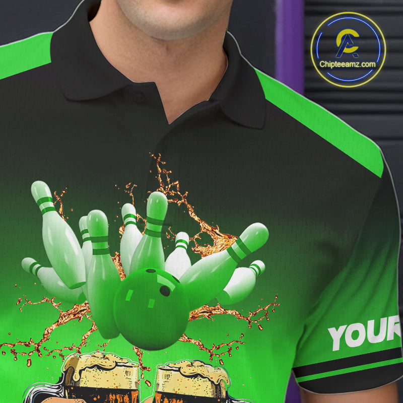 Bowling Beer Black and Green Bowling Polo, 1/4 Quarter zip shirts Custom Mens Team Bowling jerseys NQS10874