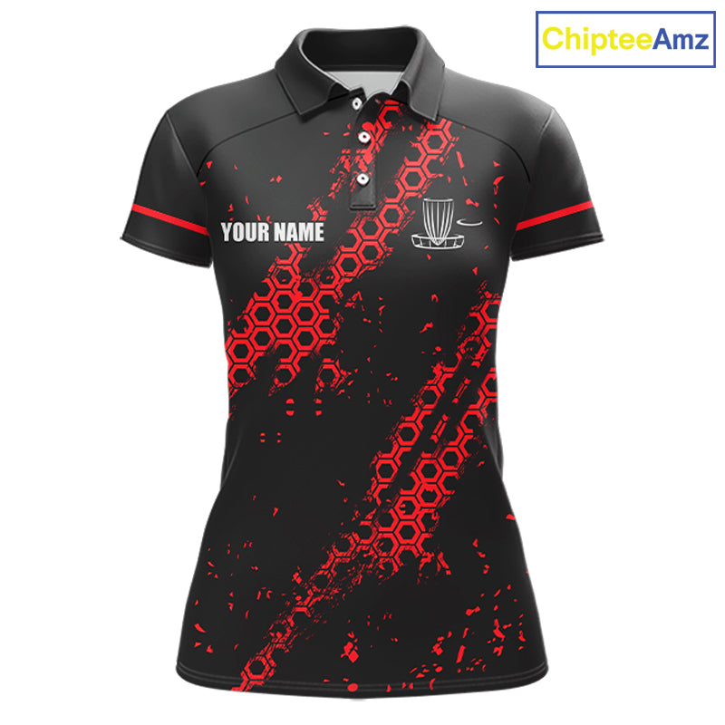 Black and Red Hexagon Pattern Disc Golf Polos, T-Shirt, Hoodies custom Team disc golf jerseys NQS11456