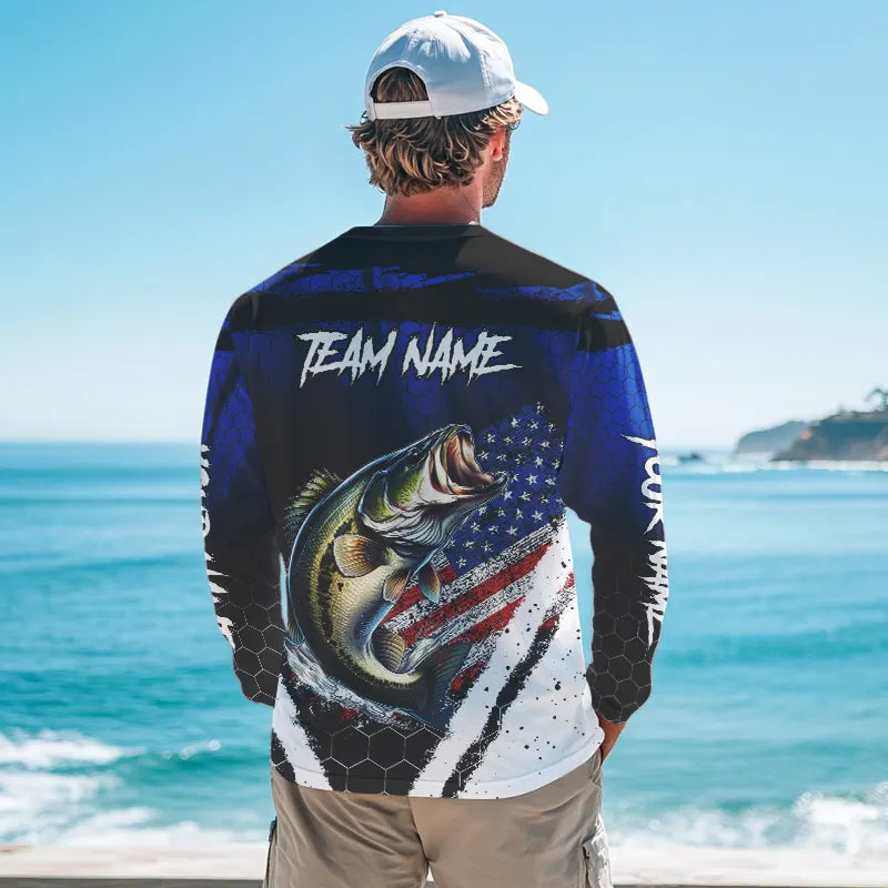 Largemouth Bass fishing American Flag Custom patriotic long sleeve team Bass fishing shirts | Blue NQS9529