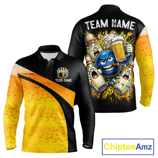 Custom Yellow Funny Beer Bowling Jersey for Men Bowling Uniform Polo & 1/4 Zip Bowling Team Shirts NQS11646