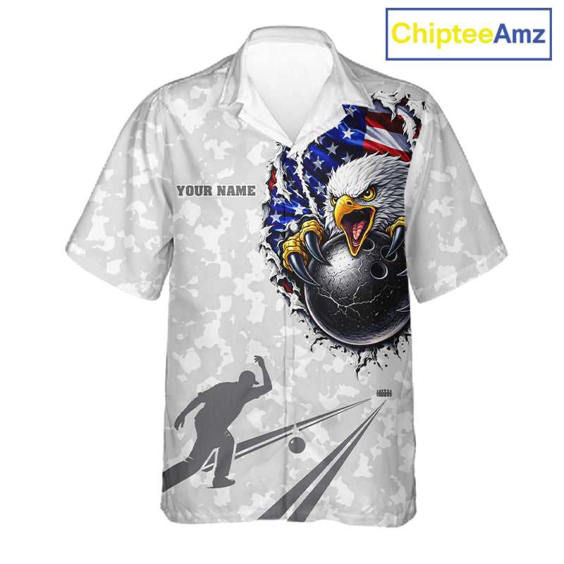 Personalized American Flag Skull Eagle Camo Bowling Team Hawaiian Shirts, Patriotic Bowling Outfits NQS11648