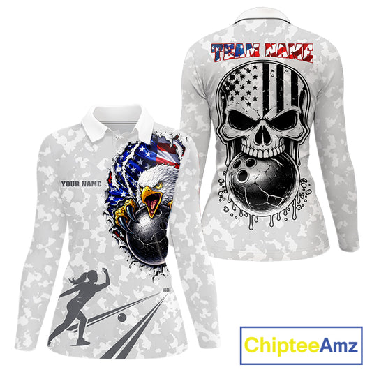 Personalized American Flag Skull Eagle Camo Bowling Team Shirts For Women, Patriotic Bowling Outfits NQS11648