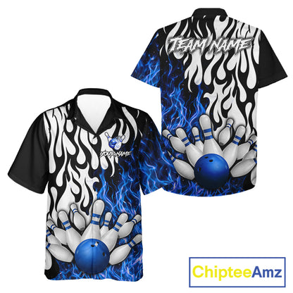 Black, White and Blue Flame Bowling Hawaiian Jersey Custom Bowling Team Button-up Shirts NQS11739