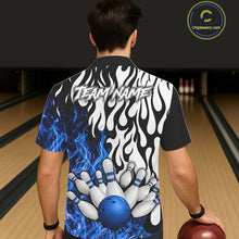 Load image into Gallery viewer, Black, White and Blue Flame Bowling Hawaiian Jersey Custom Bowling Team Button-up Shirts NQS11739