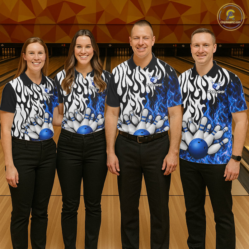 Black, White and Blue Flame Bowling Polo, Quarter Zip Shirts For Women Custom Bowling Team Jerseys NQS11739