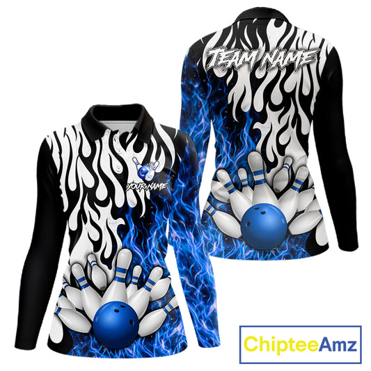 Black, White and Blue Flame Bowling Polo, Quarter Zip Shirts For Women Custom Bowling Team Jerseys NQS11739