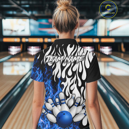 Black, White and Blue Flame Bowling Polo, Quarter Zip Shirts For Women Custom Bowling Team Jerseys NQS11739