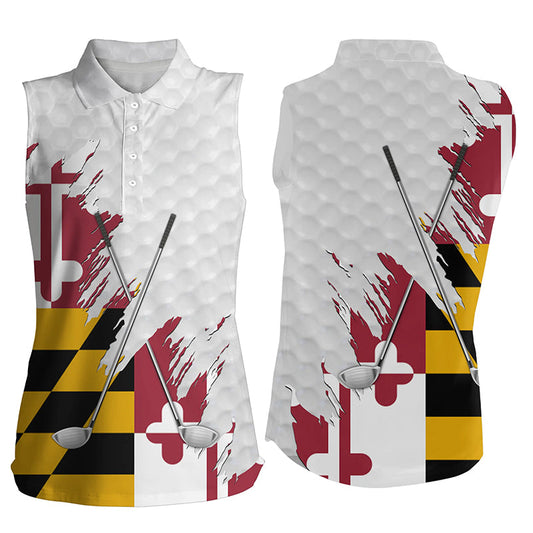 Maryland flag golf clubs patriotic white Womens sleeveless polo shirts, team ladies golf tops NQS7469
