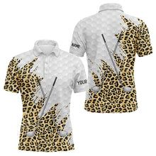 Load image into Gallery viewer, Leopard skin pattern custom name white Mens golf polo shirts, team golf tops for men NQS8051